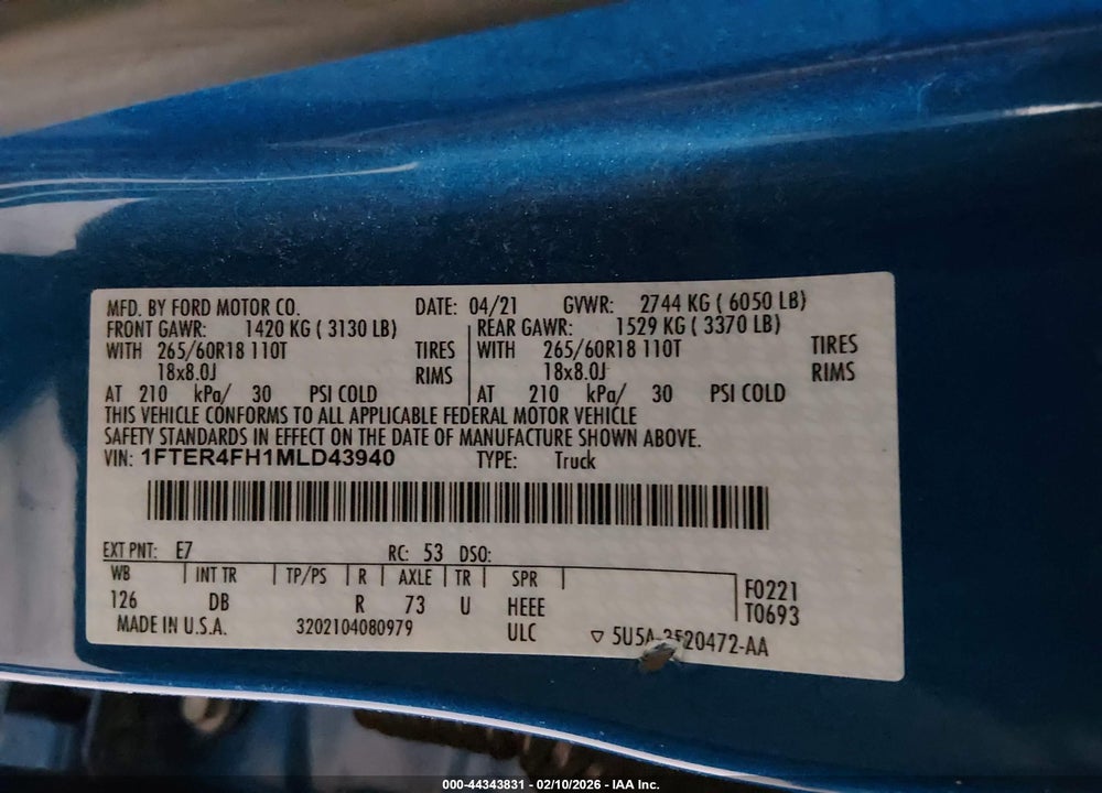 2021 FORD RANGER LARIAT VIN: 1FTER4FH1MLD43940