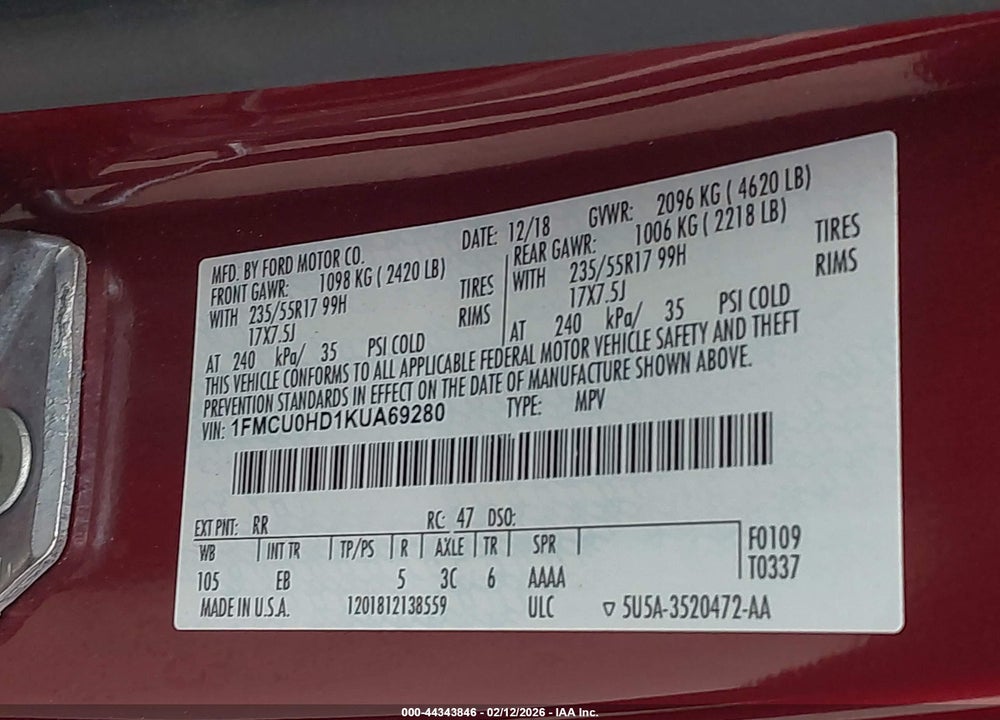 2019 FORD ESCAPE SEL VIN: 1FMCU0HD1KUA69280