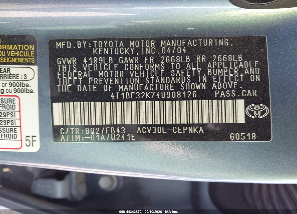 2004 TOYOTA CAMRY LE VIN: 4T1BE32K74U908126