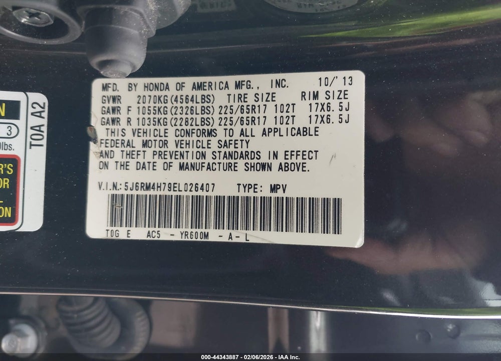 2014 HONDA CR-V EX-L VIN: 5J6RM4H79EL026407