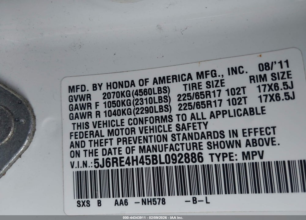 2011 HONDA CR-V SE VIN: 5J6RE4H45BL092886
