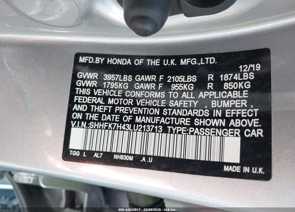 2020 HONDA CIVIC SPORT VIN: SHHFK7H43LU213713