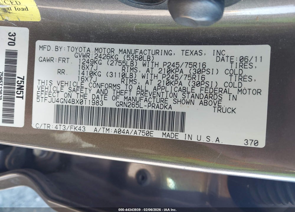 2011 TOYOTA TACOMA PRERUNNER V6 VIN: 5TFJU4GN4BX011983
