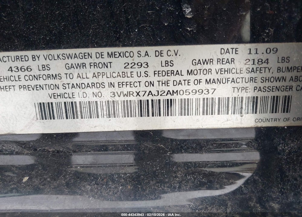 2010 VOLKSWAGEN JETTA SE VIN: 3VWRX7AJ2AM059937