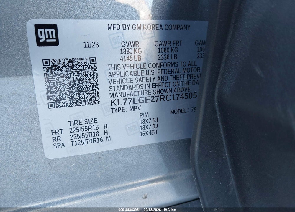 2024 CHEVROLET TRAX FWD 1RS VIN: KL77LGE27RC174505