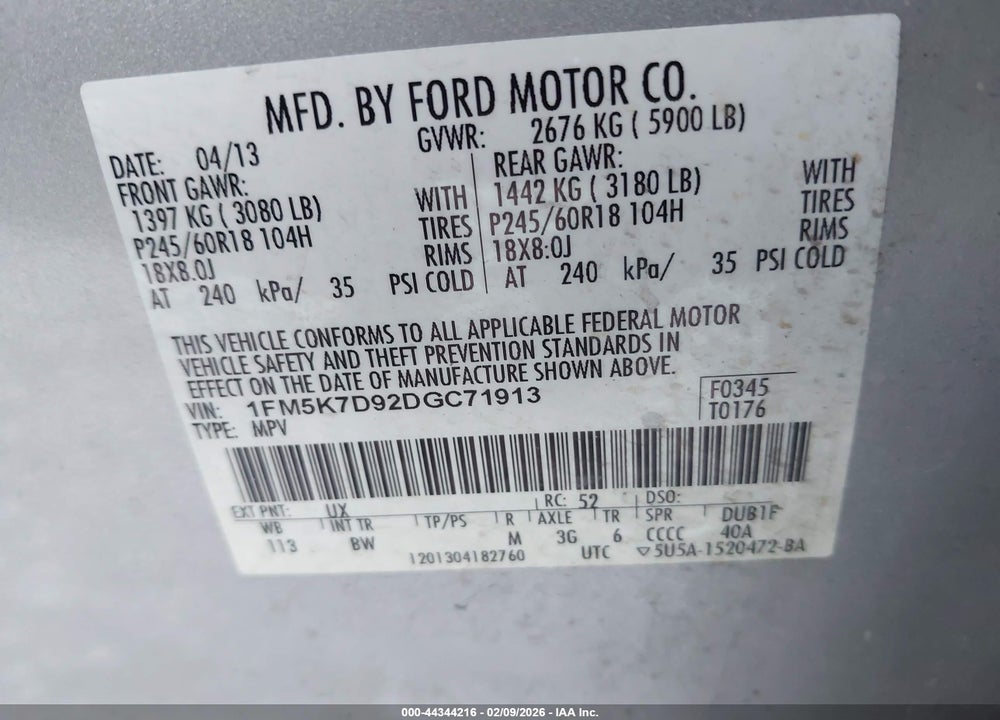 2013 FORD EXPLORER XLT VIN: 1FM5K7D92DGC71913