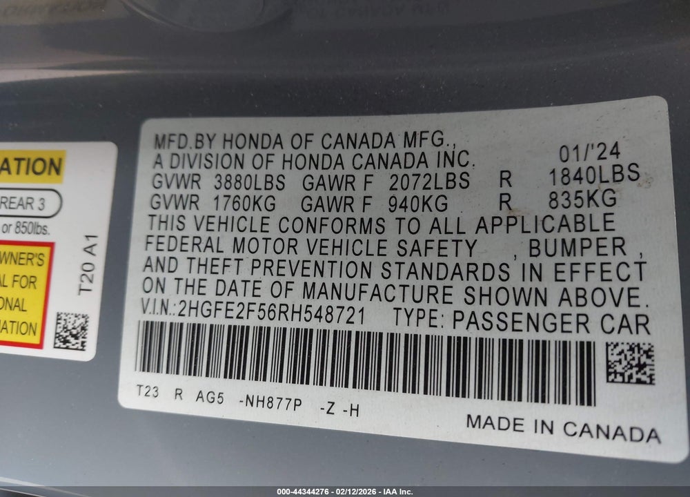 2024 HONDA CIVIC SPORT VIN: 2HGFE2F56RH548721