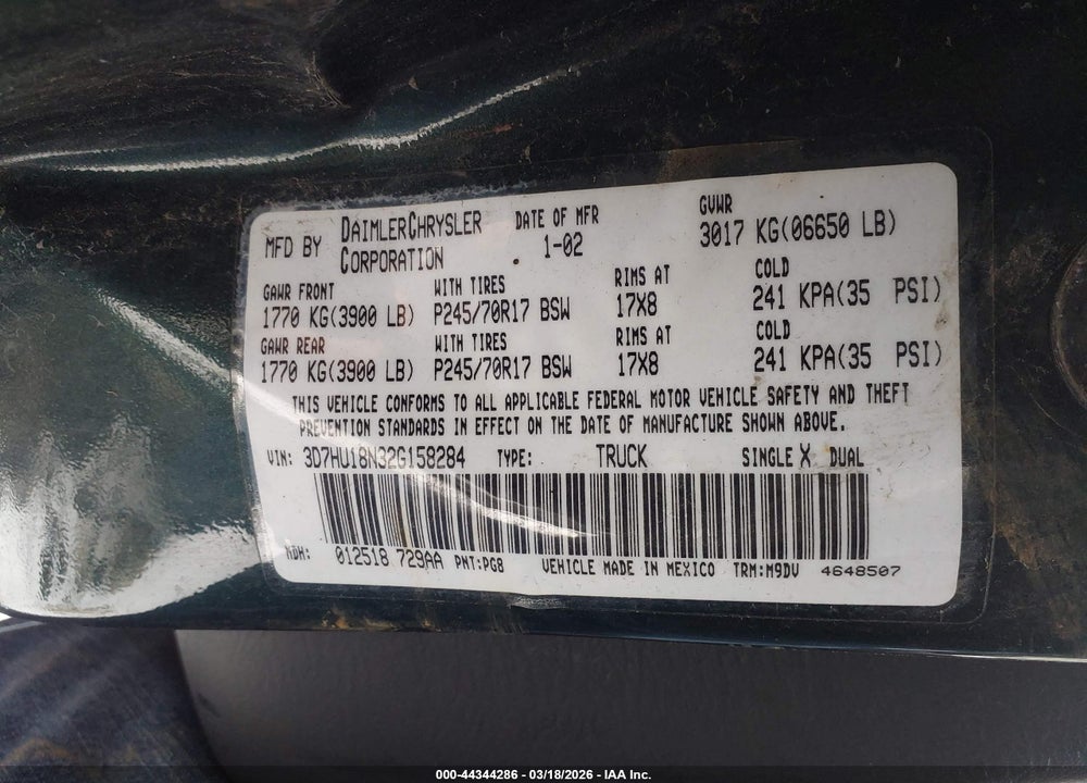2002 DODGE RAM 1500 ST VIN: 3D7HU18N32G158284