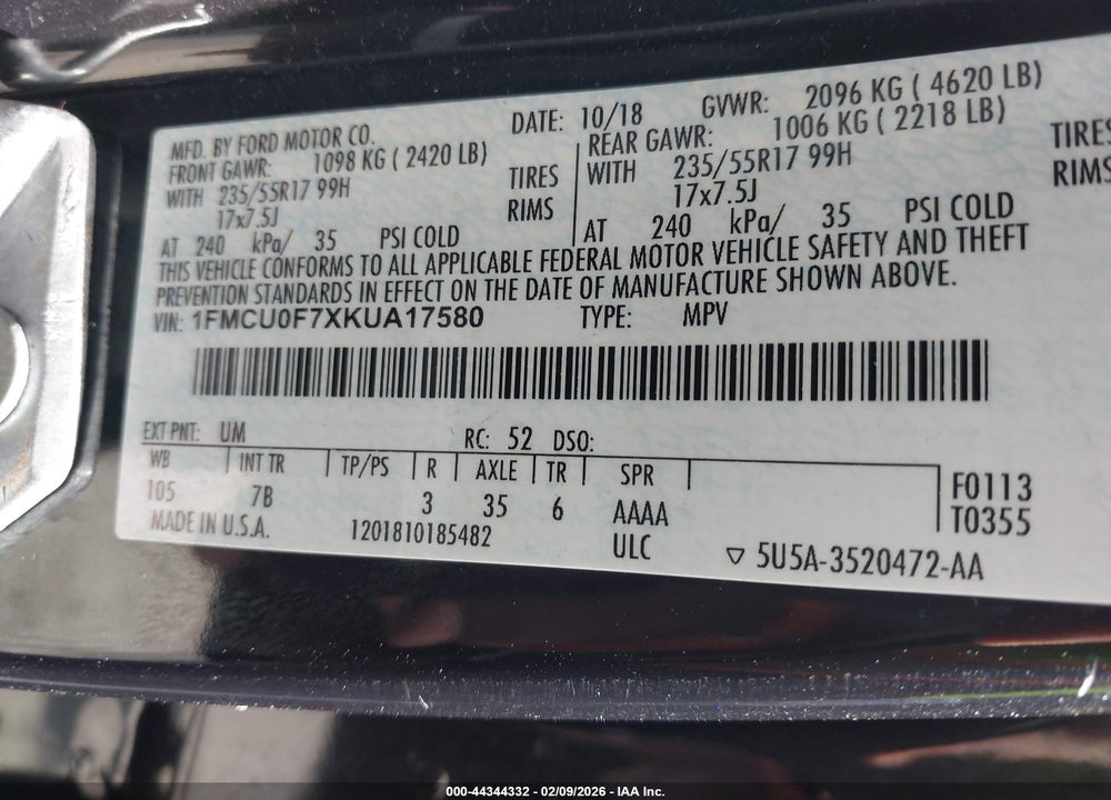 2019 FORD ESCAPE S VIN: 1FMCU0F7XKUA17580
