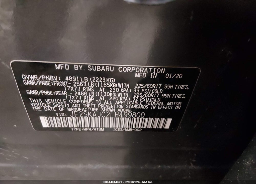 2020 SUBARU FORESTER PREMIUM VIN: JF2SKAJC2LH499800