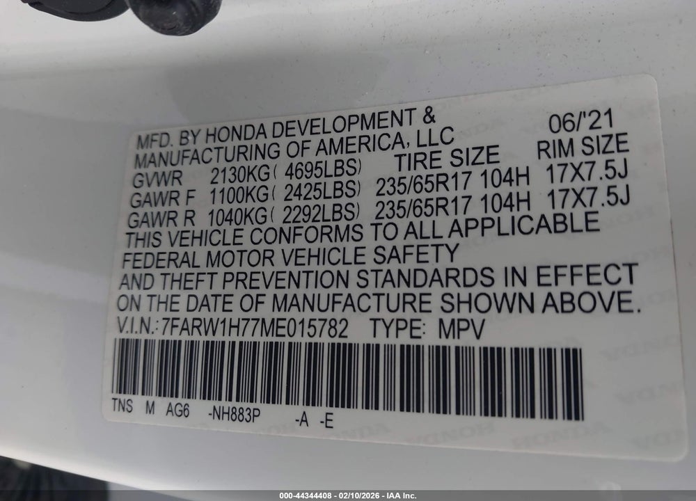 2021 HONDA CR-V 2WD SPECIAL EDITION VIN: 7FARW1H77ME015782