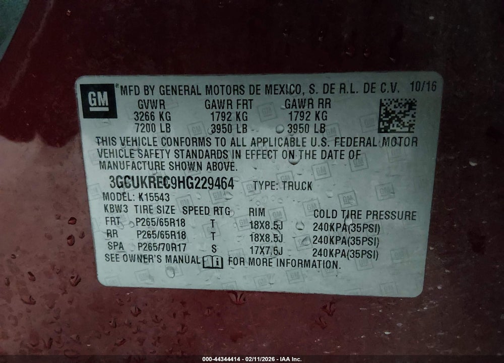 2017 CHEVROLET SILVERADO 1500 2LT VIN: 3GCUKREC9HG229464