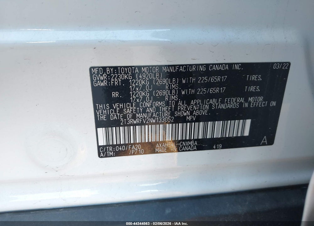 2022 TOYOTA RAV4 HYBRID XLE VIN: 2T3RWRFV2NW133052