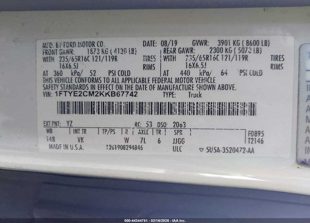 2019 FORD TRANSIT-150 VIN: 1FTYE2CM2KKB67742