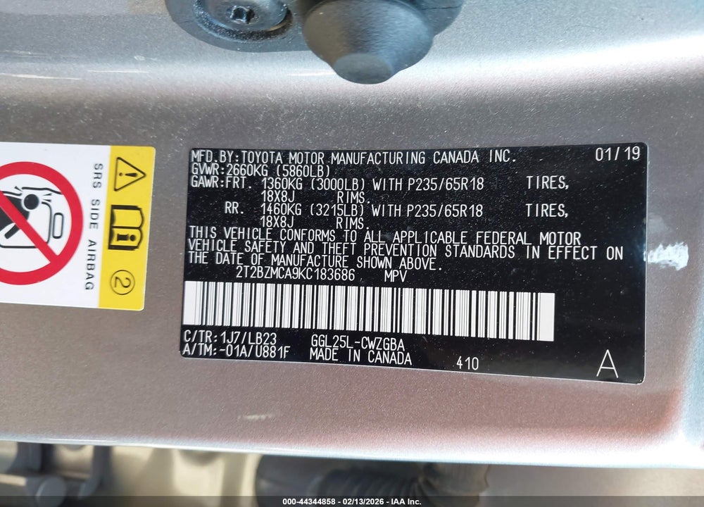 2019 LEXUS RX 350 VIN: 2T2BZMCA9KC183686