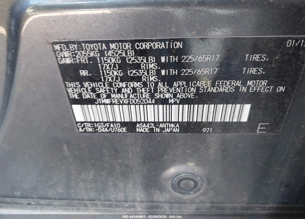 2015 TOYOTA RAV4 XLE VIN: JTMWFREVXFD052044