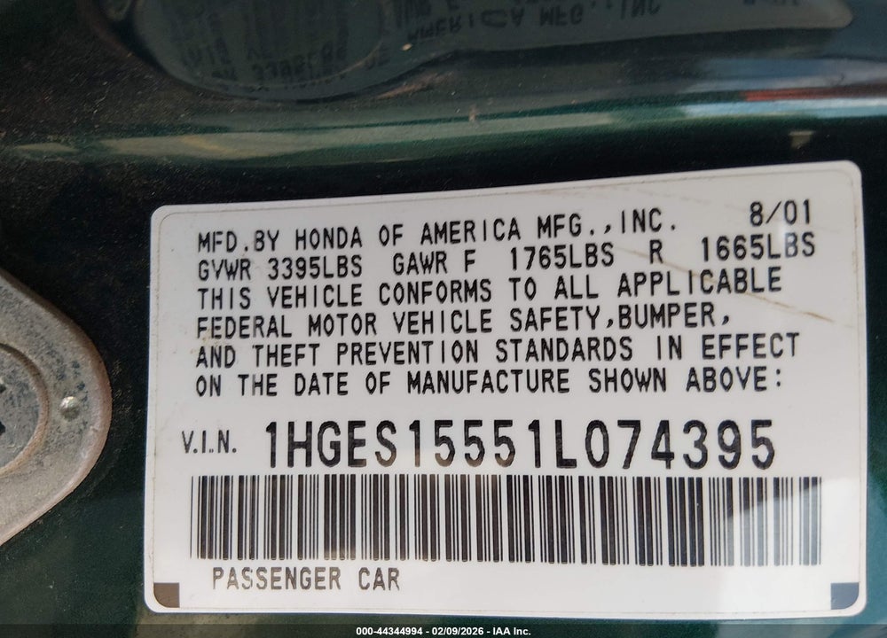 2001 HONDA CIVIC LX VIN: 1HGES15551L074395