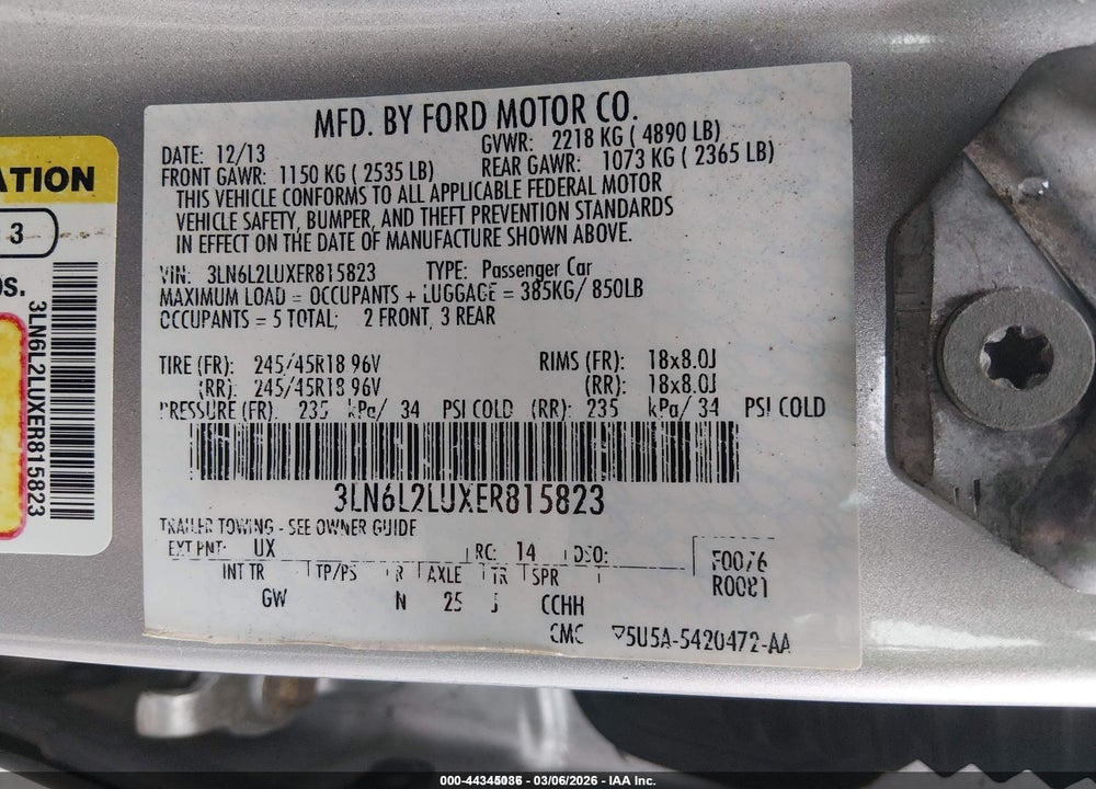 2014 LINCOLN MKZ HYBRID VIN: 3LN6L2LUXER815823