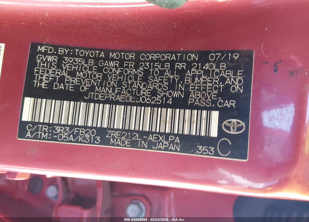 2020 TOYOTA COROLLA LE VIN: JTDEPRAE0LJ062514