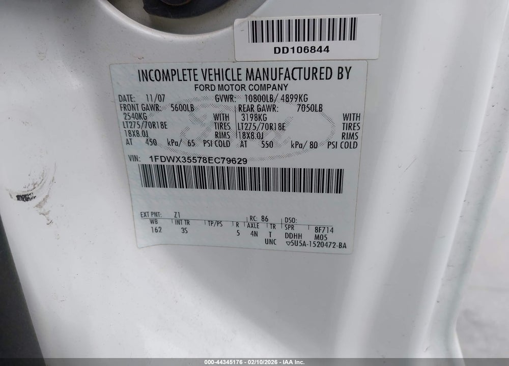 2008 FORD F-350 CHASSIS VIN: 1FDWX35578EC79629