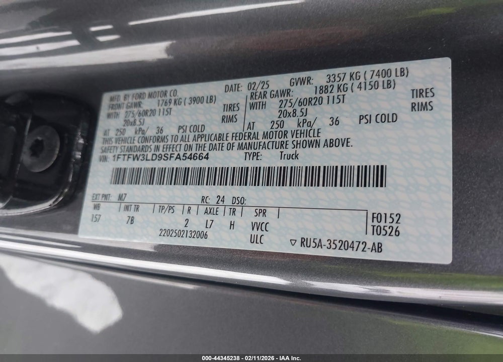 2025 FORD F-150 XLT VIN: 1FTFW3LD9SFA54664