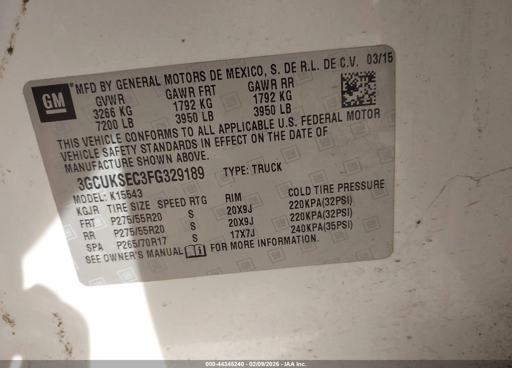 2015 CHEVROLET SILVERADO 1500 2LZ VIN: 3GCUKSEC3FG329189