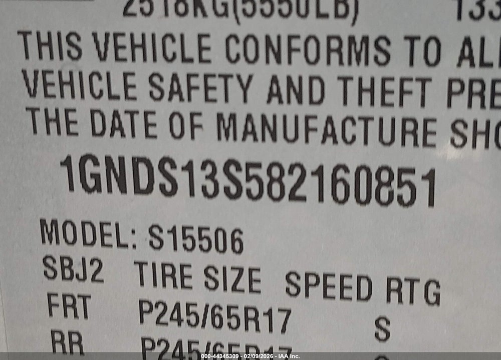 2008 CHEVROLET TRAILBLAZER LT VIN: 1GNDS13S582160851