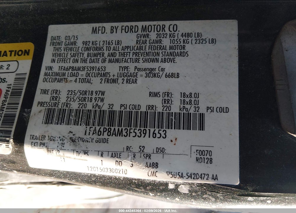 2015 FORD MUSTANG V6 VIN: 1FA6P8AM3F5391653