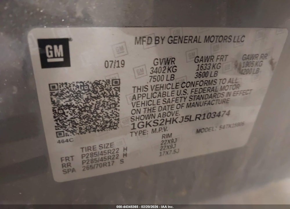 2020 GMC YUKON XL 4WD DENALI VIN: 1GKS2HKJ5LR103474