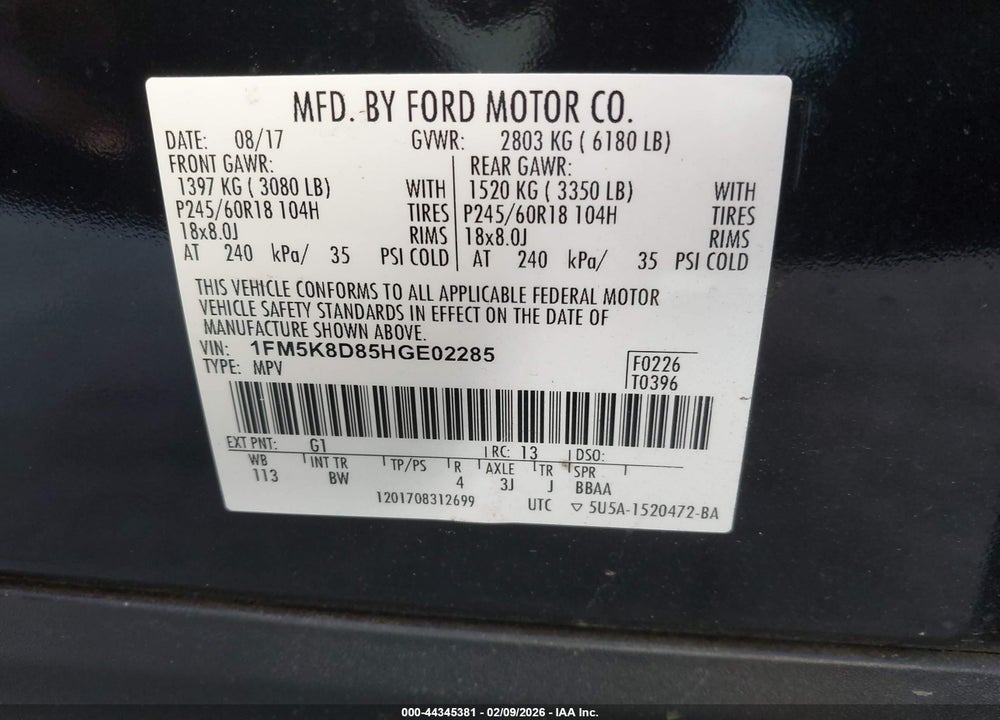 2017 FORD EXPLORER XLT VIN: 1FM5K8D85HGE02285