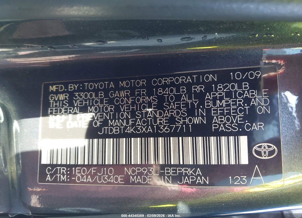 2010 TOYOTA YARIS VIN: JTDBT4K3XA1367711