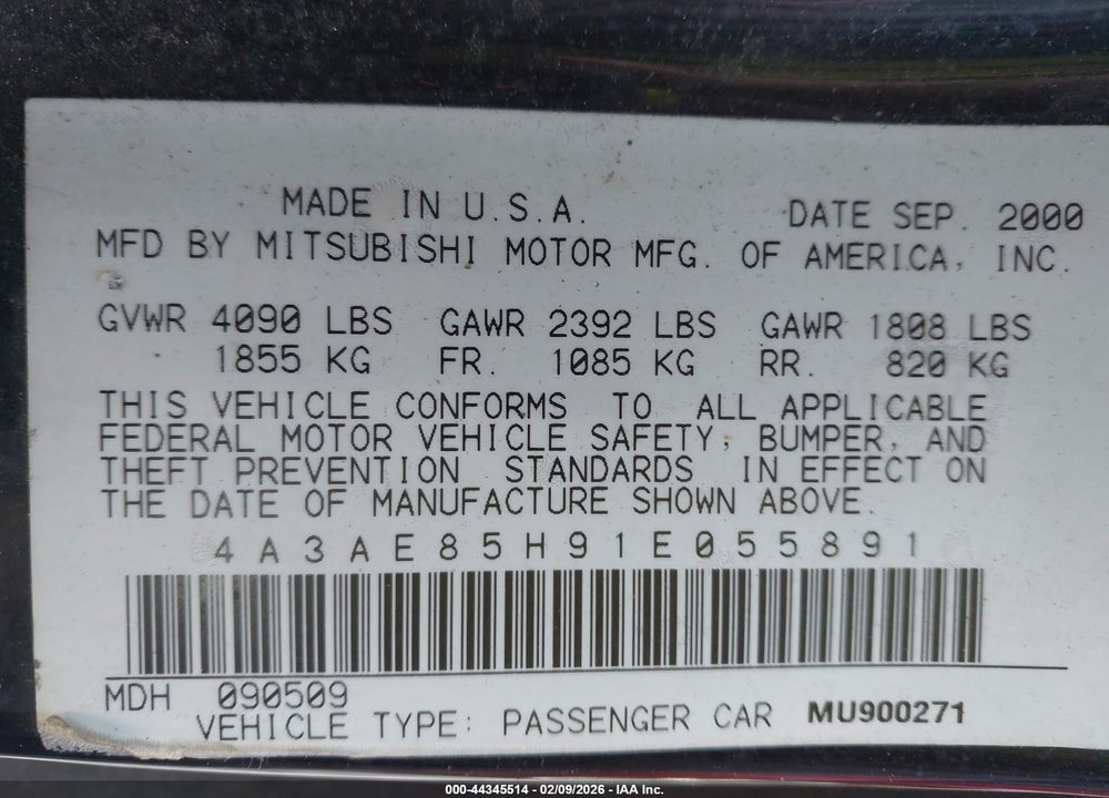 2001 MITSUBISHI ECLIPSE SPYDER GT VIN: 4A3AE85H91E055891