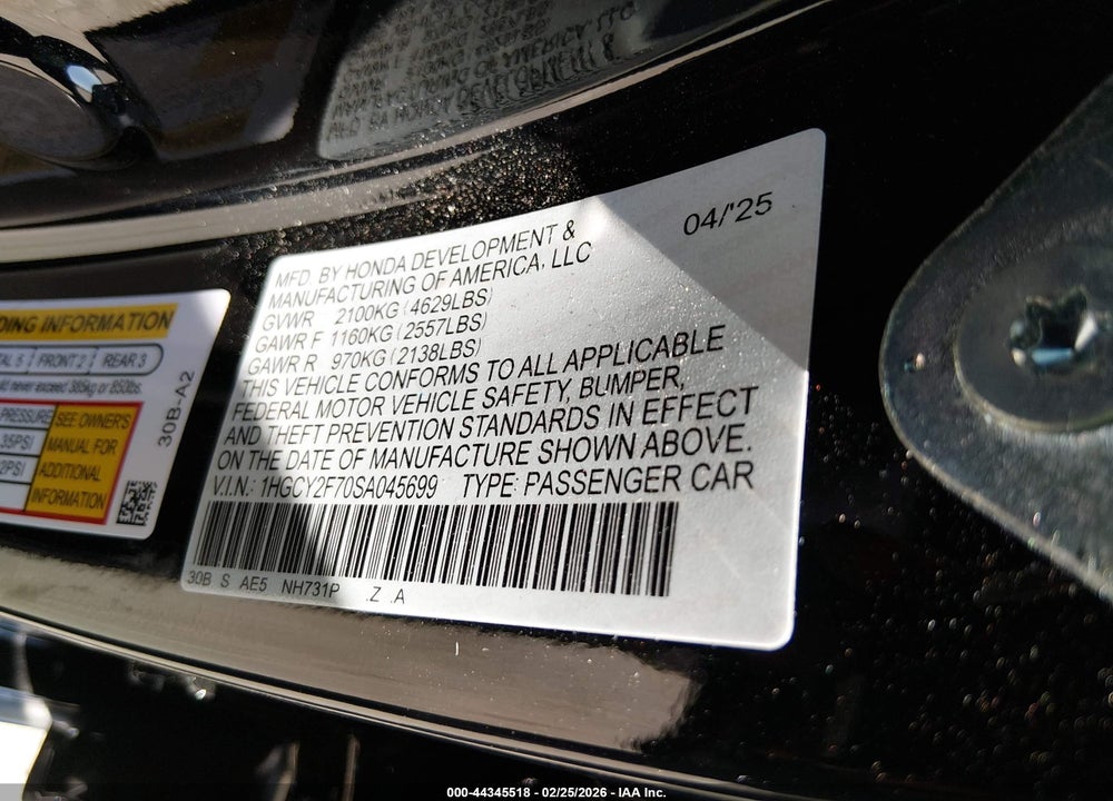 2025 HONDA ACCORD HYBRID SPORT-L VIN: 1HGCY2F70SA045699