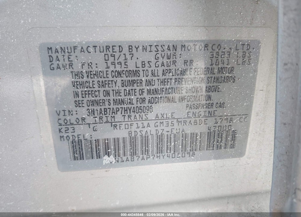 2017 NISSAN SENTRA SV VIN: 3N1AB7AP7HY405098