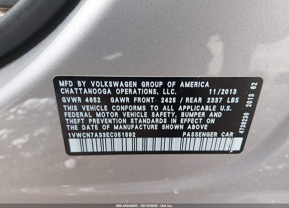 2014 VOLKSWAGEN PASSAT 2.0L TDI SEL PREMIUM VIN: 1VWCN7A33EC051592