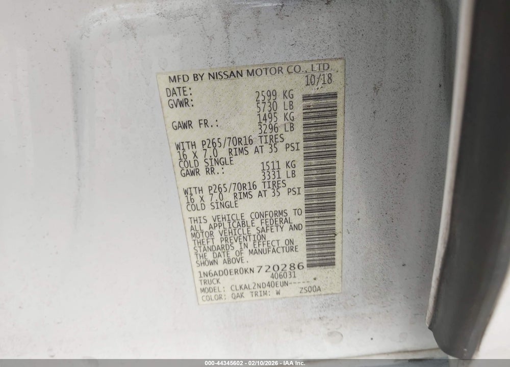 2019 NISSAN FRONTIER SV VIN: 1N6AD0ER0KN720286
