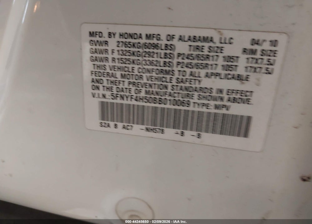 2011 HONDA PILOT EX-L VIN: 5FNYF4H50BB010069