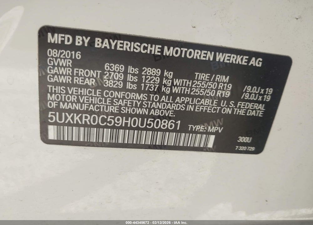 2017 BMW X5 XDRIVE35I VIN: 5UXKR0C59H0U50861