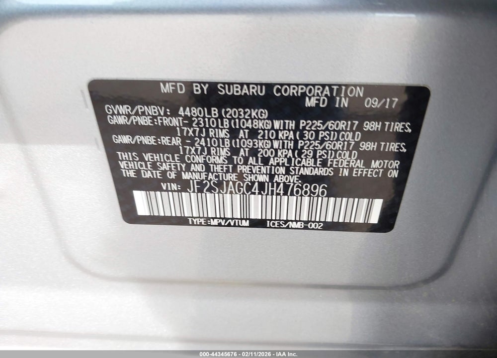 2018 SUBARU FORESTER 2.5I PREMIUM VIN: JF2SJAGC4JH476896