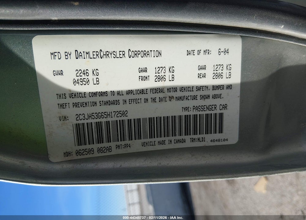 2005 CHRYSLER 300 TOURING VIN: 2C3JA53G65H172502