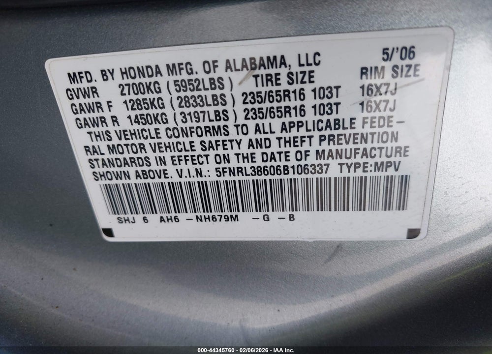 2006 HONDA ODYSSEY EX-L VIN: 5FNRL38606B106337