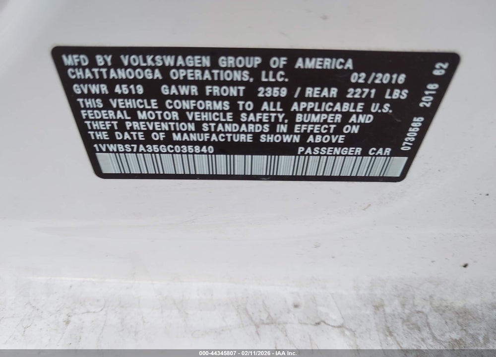 2016 VOLKSWAGEN PASSAT 1.8T SE VIN: 1VWBS7A35GC035840