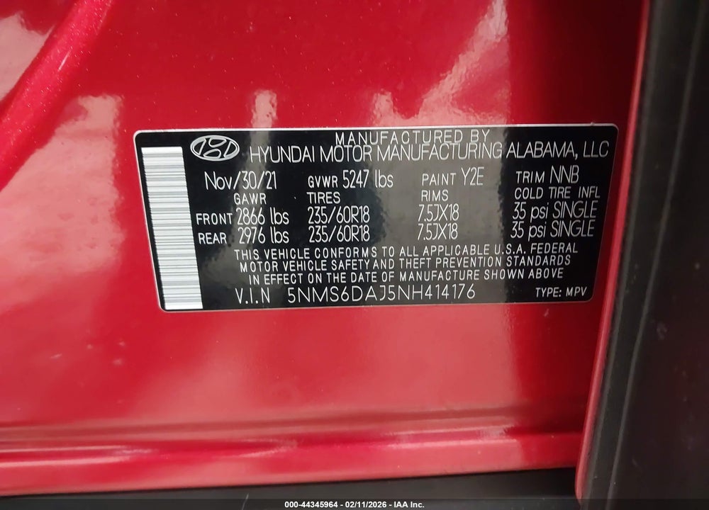 2022 HYUNDAI SANTA FE SEL VIN: 5NMS6DAJ5NH414176