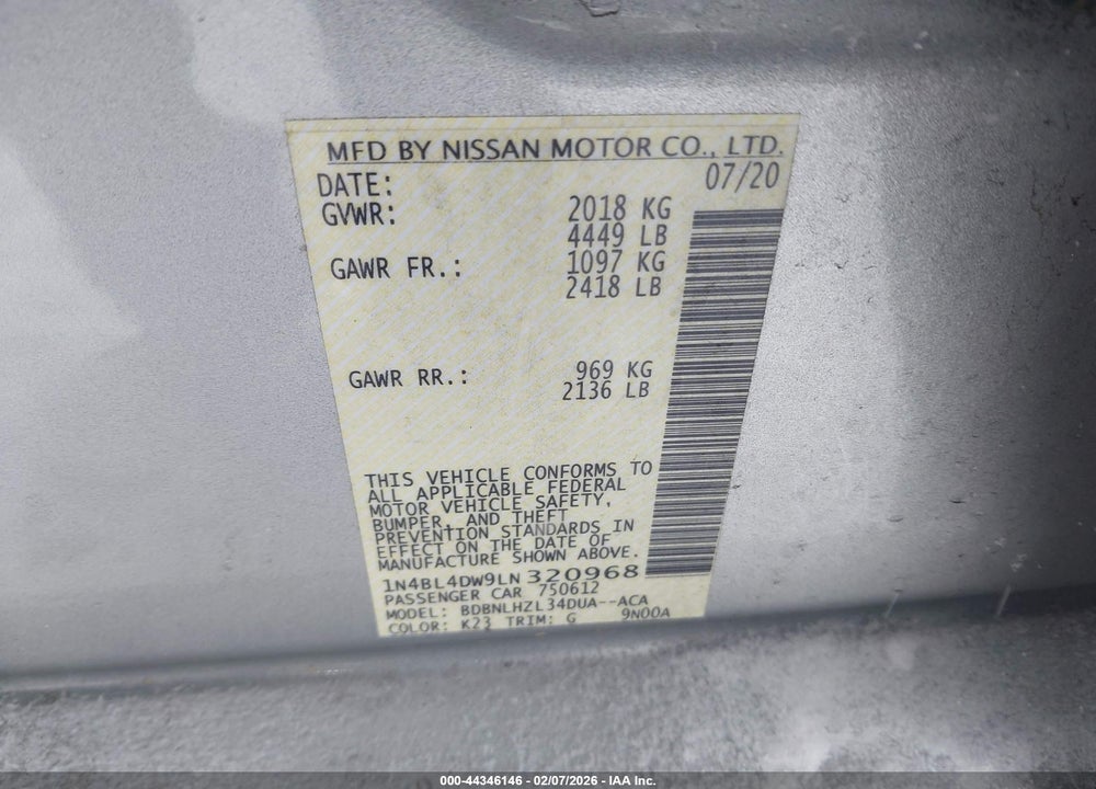 2020 NISSAN ALTIMA SV INTELLIGENT AWD VIN: 1N4BL4DW9LN320968