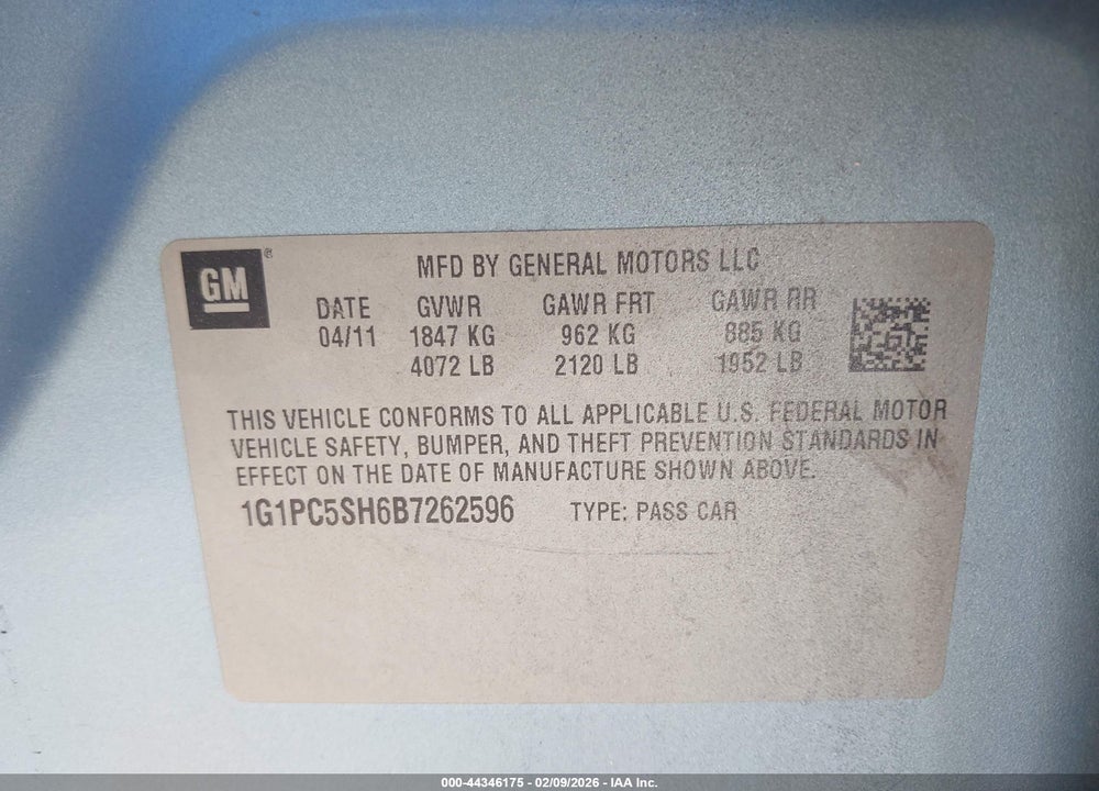 2011 CHEVROLET CRUZE LS VIN: 1G1PC5SH6B7262596
