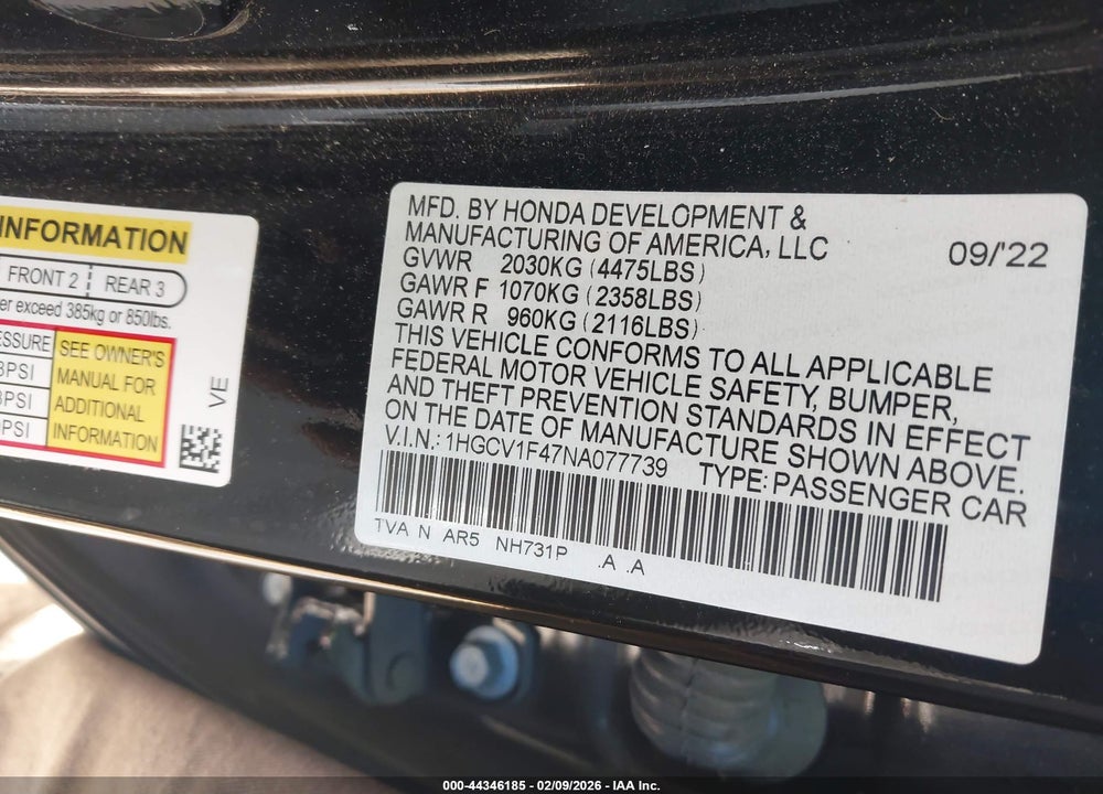 2022 HONDA ACCORD SPORT SPECIAL EDITION VIN: 1HGCV1F47NA077739