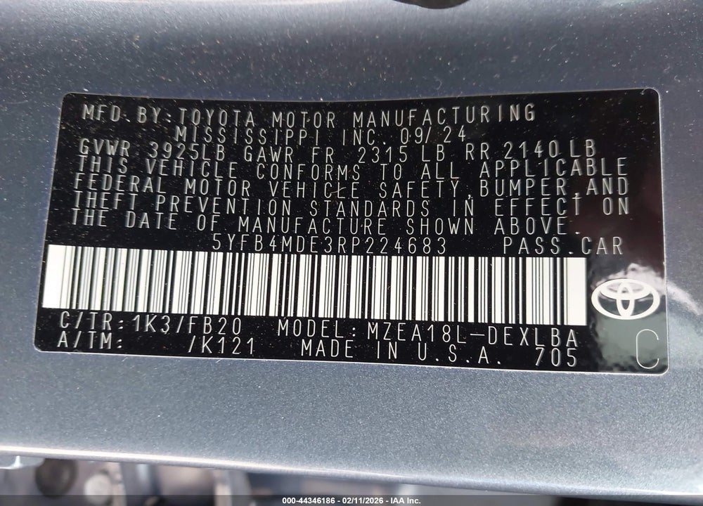 2024 TOYOTA COROLLA LE VIN: 5YFB4MDE3RP224683
