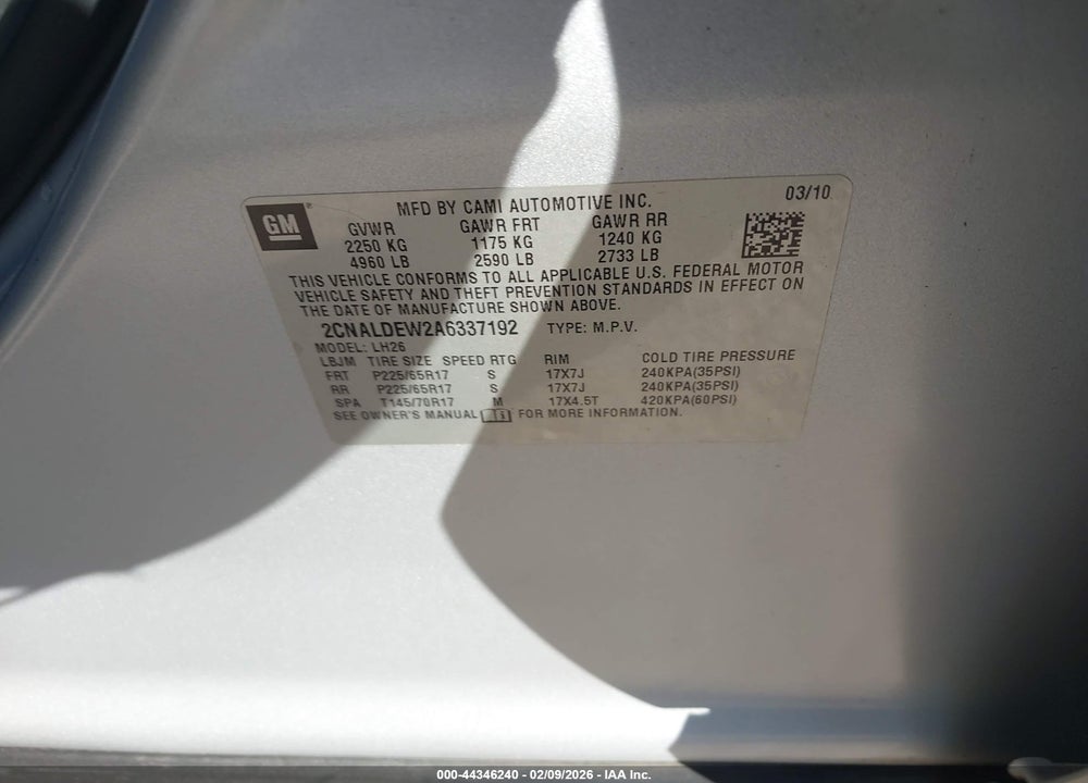2010 CHEVROLET EQUINOX LT VIN: 2CNALDEW2A6337192
