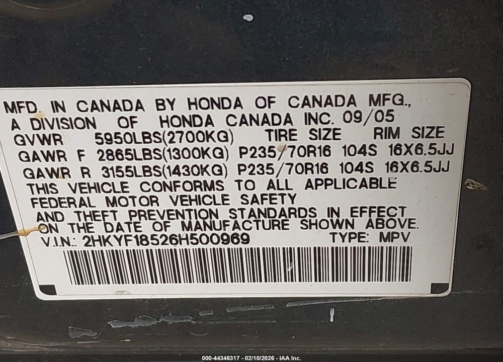 2006 HONDA PILOT EX-L VIN: 2HKYF18526H500969