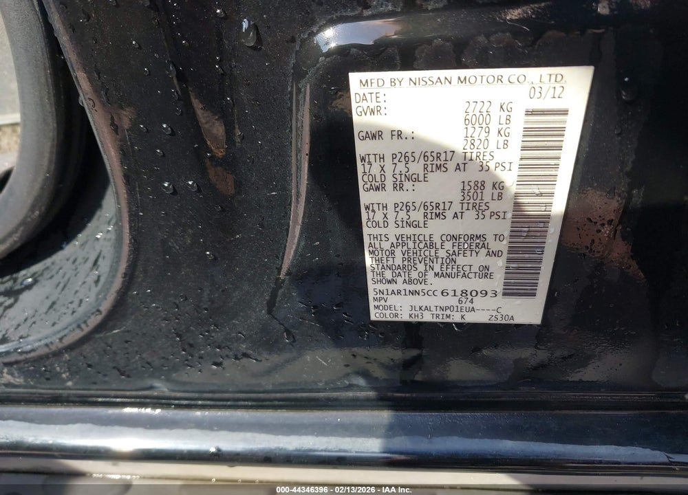 2012 NISSAN PATHFINDER SV VIN: 5N1AR1NN5CC618093